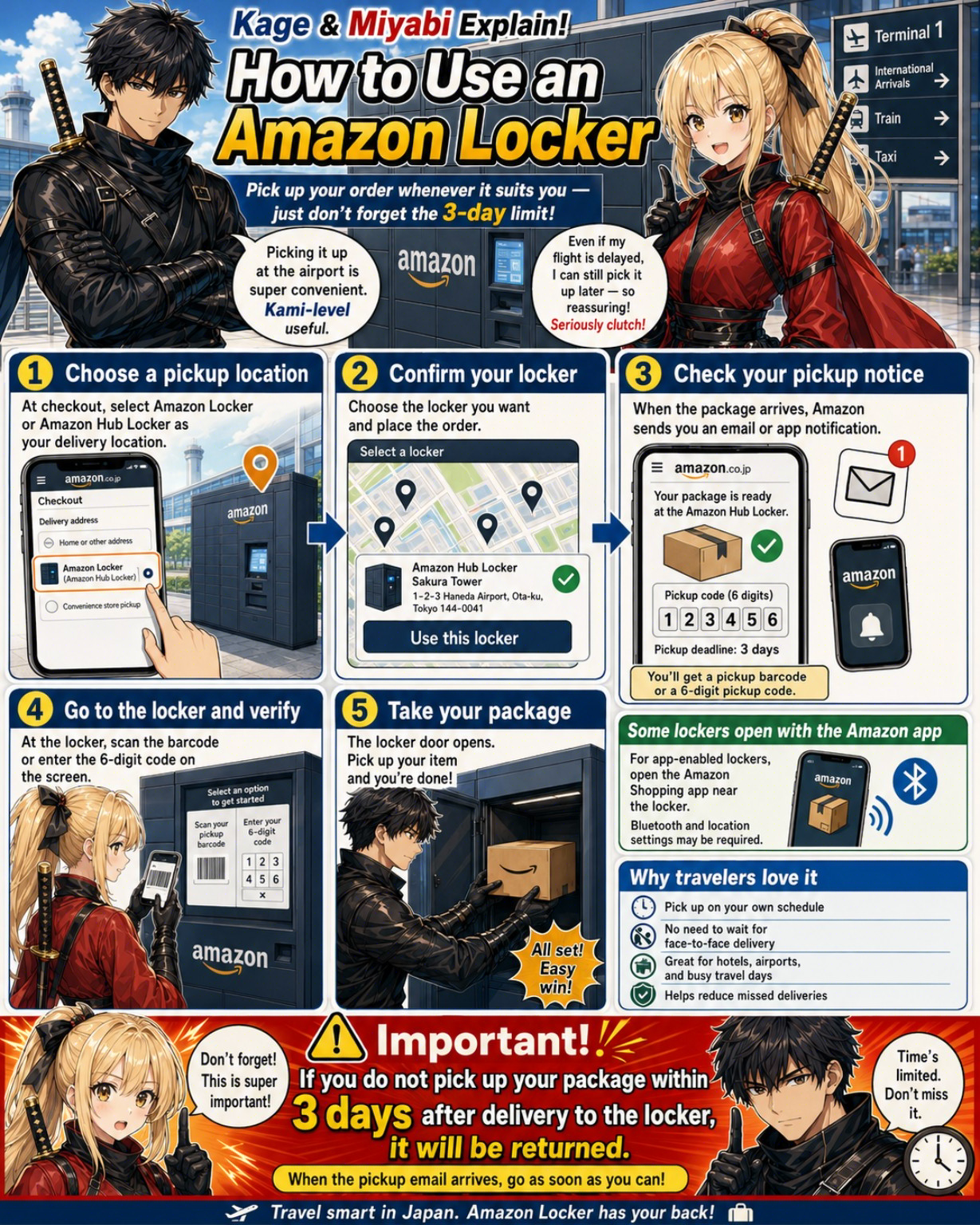 English card about shopping and parcel pickup in Japan 1