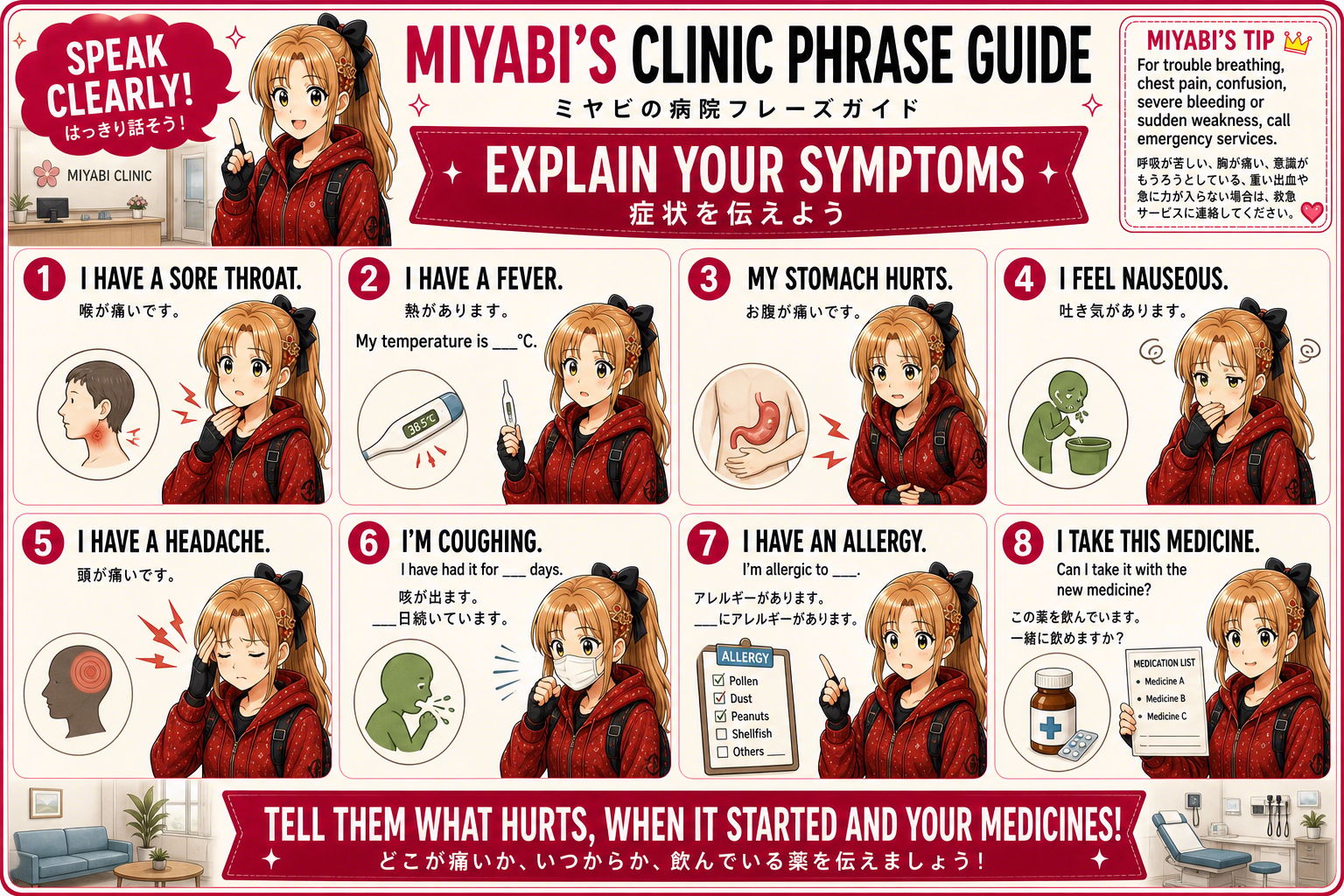 Clinic and dentist phrase cards for travel in Japan 1