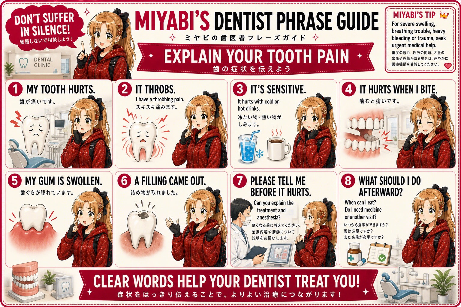 Clinic and dentist phrase cards for travel in Japan 2