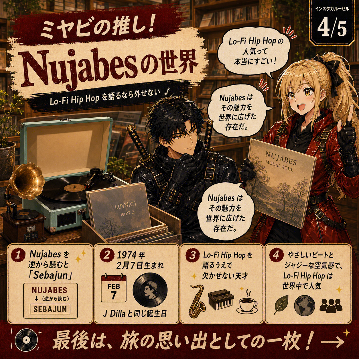 日本のレコード文化と夜の東京を紹介するカード 2